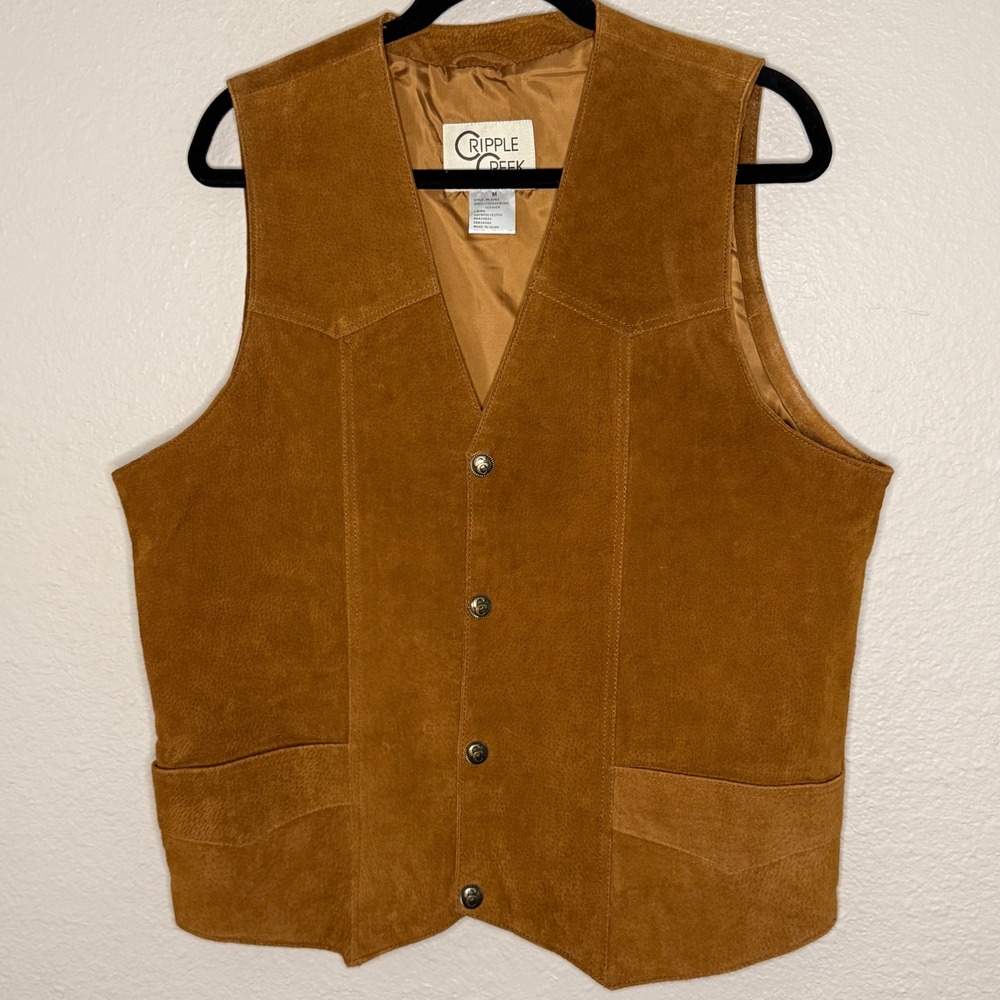 Cripple Creek Mens Medium Brown Suede Leather Western Vest Rugged Snap Rodeo